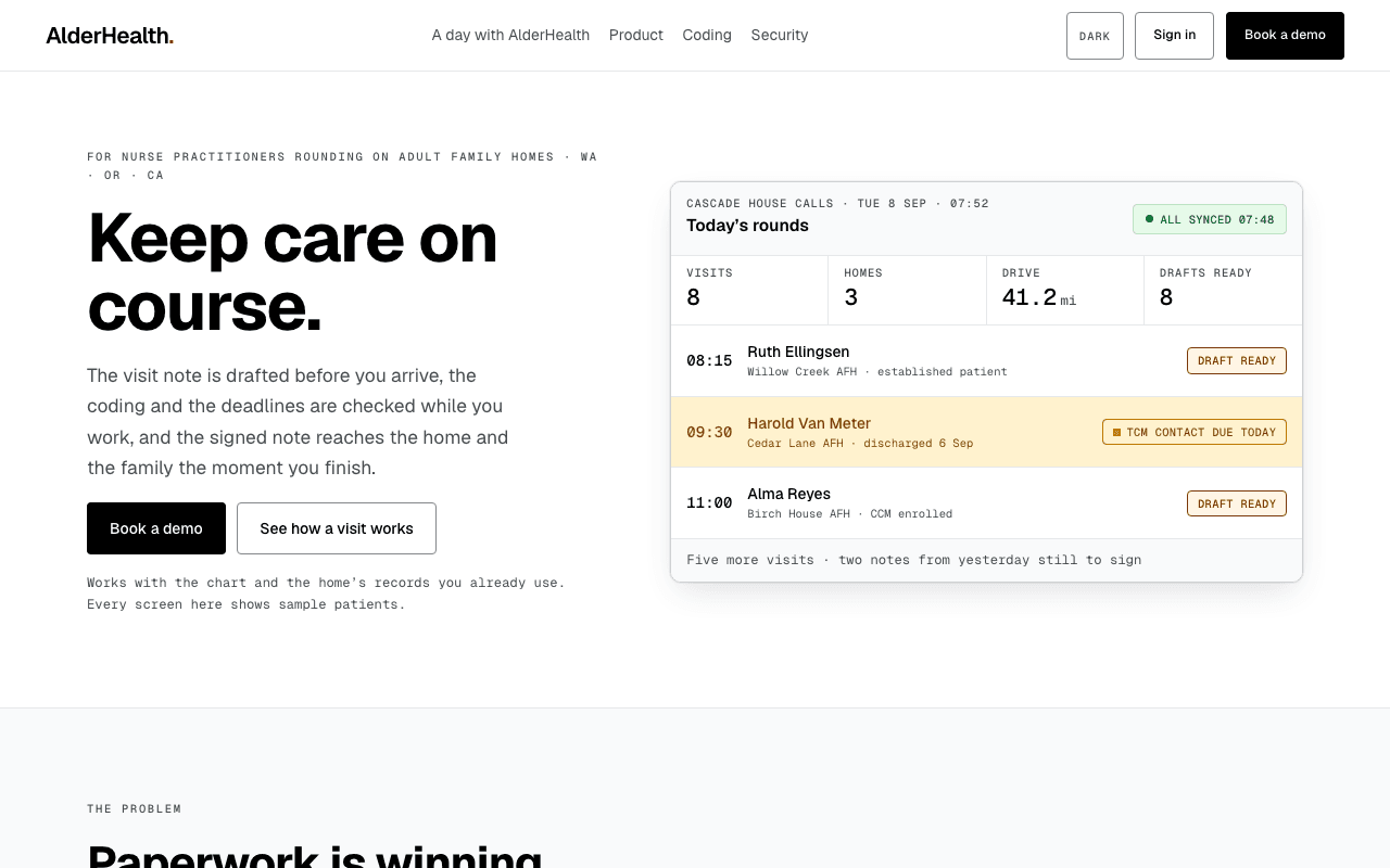 Alder Health homepage screenshot