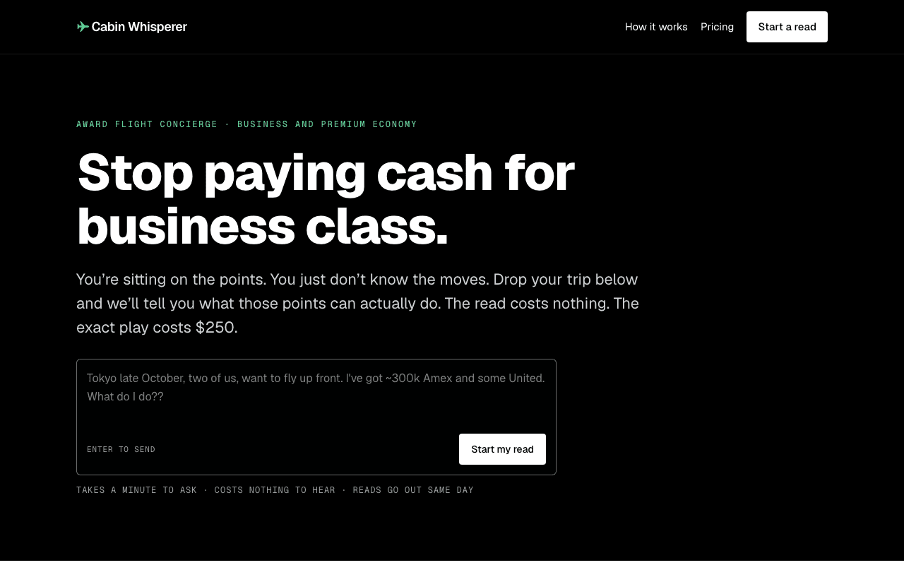 Cabin Whisperer homepage screenshot